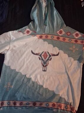 SHEIN Teal White Aztec Skull Print Hoodie